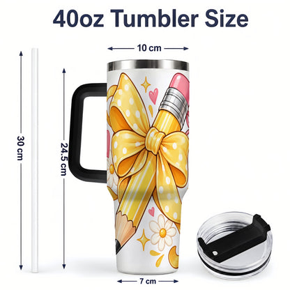 #pl[40oz|Black] Cute Pencil Bow 40oz Handled Tumbler with School Theme Daisy Artwork