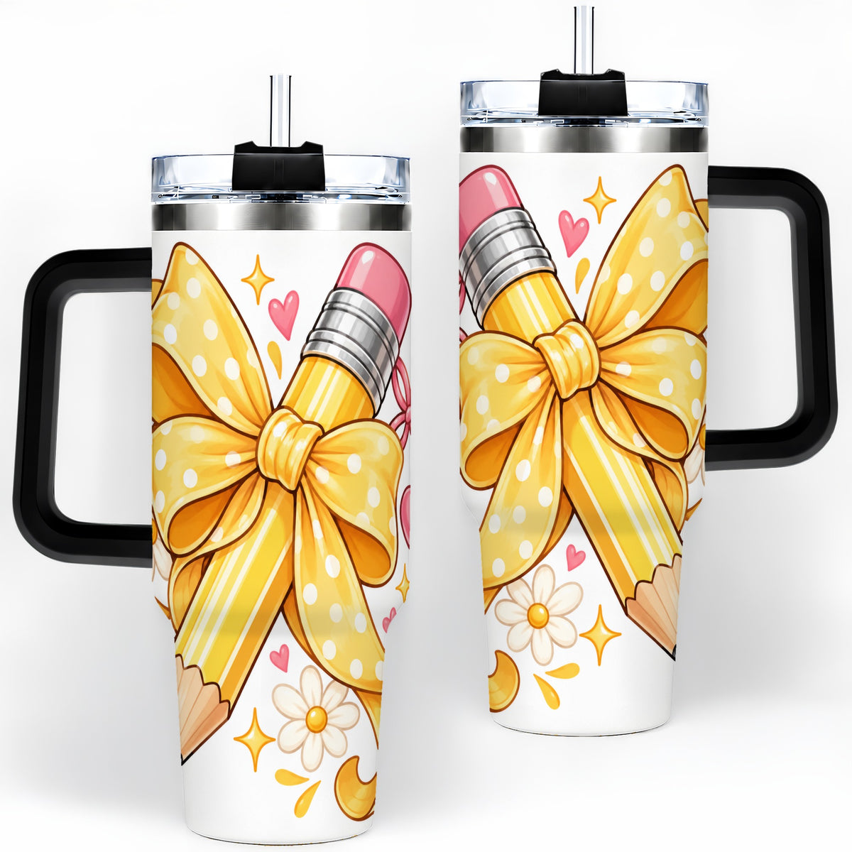 #pl[40oz|Black] Cute Pencil Bow 40oz Handled Tumbler with School Theme Daisy Artwork