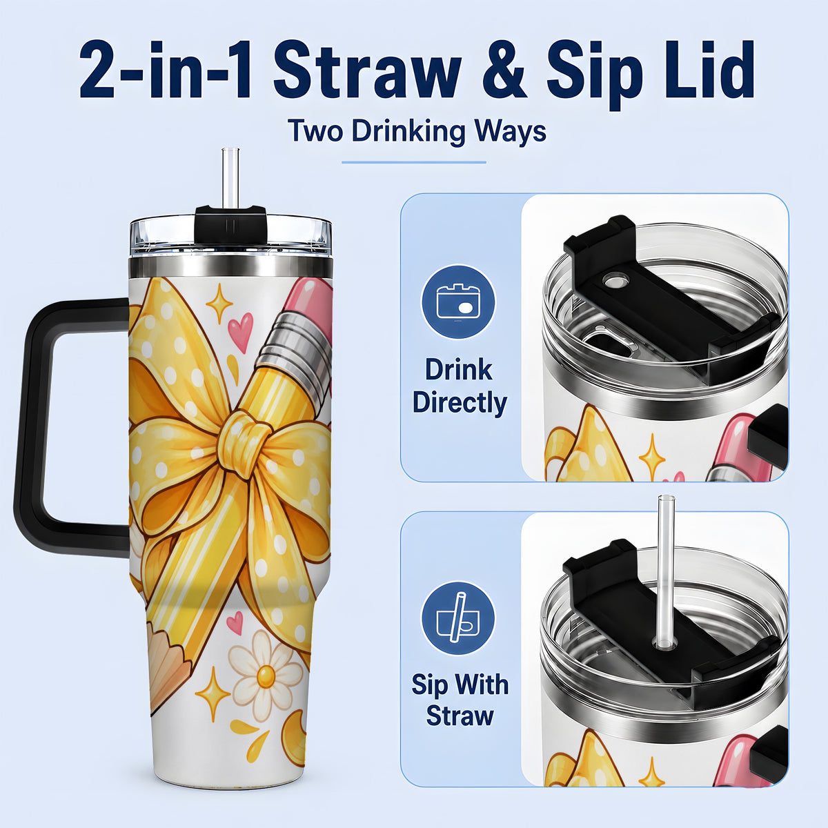 #pl[40oz|Black] Cute Pencil Bow 40oz Handled Tumbler with School Theme Daisy Artwork