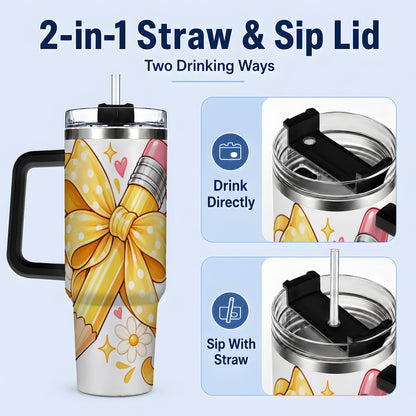 #pl[40oz|Black] Cute Pencil Bow 40oz Handled Tumbler with School Theme Daisy Artwork