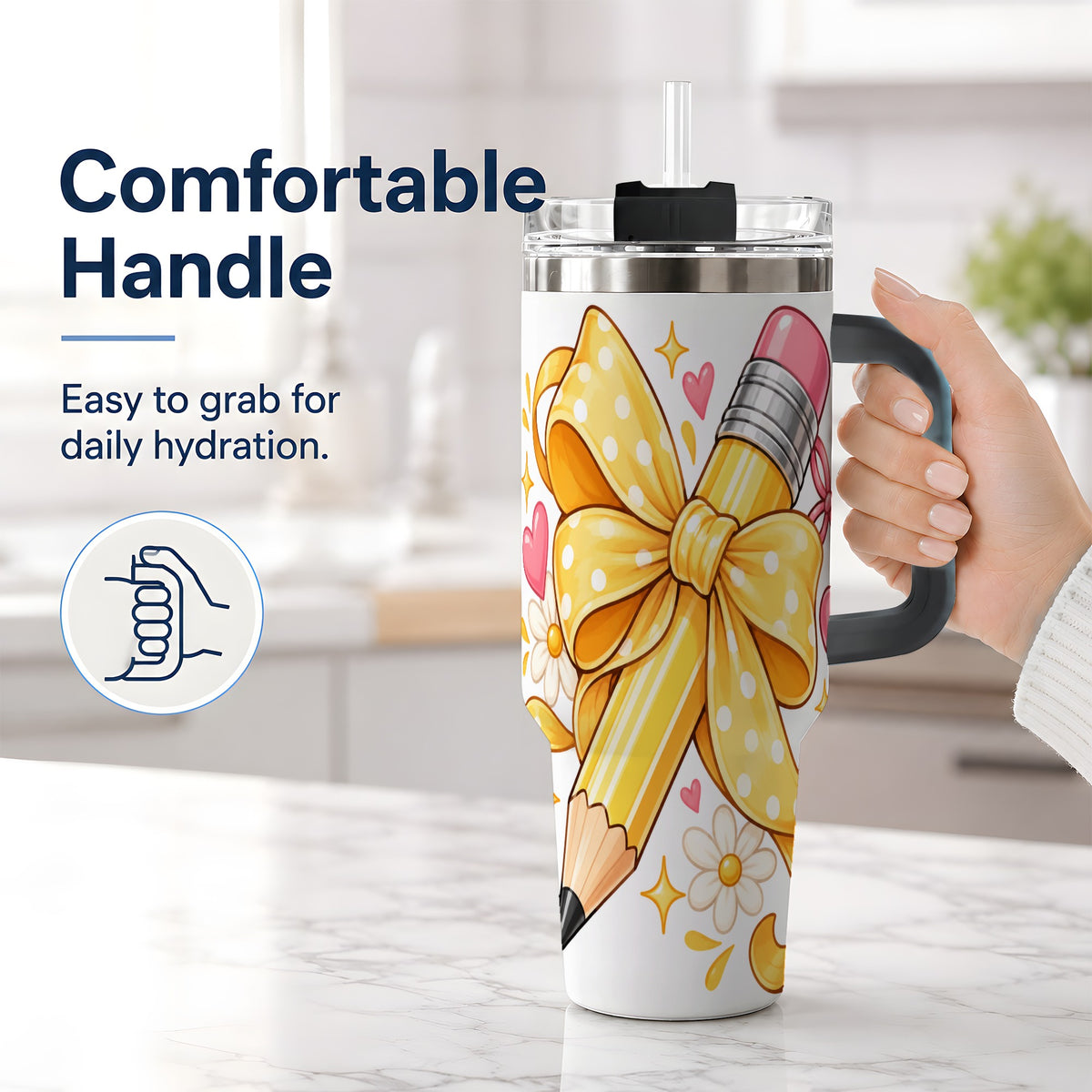#pl[40oz|Black] Cute Pencil Bow 40oz Handled Tumbler with School Theme Daisy Artwork