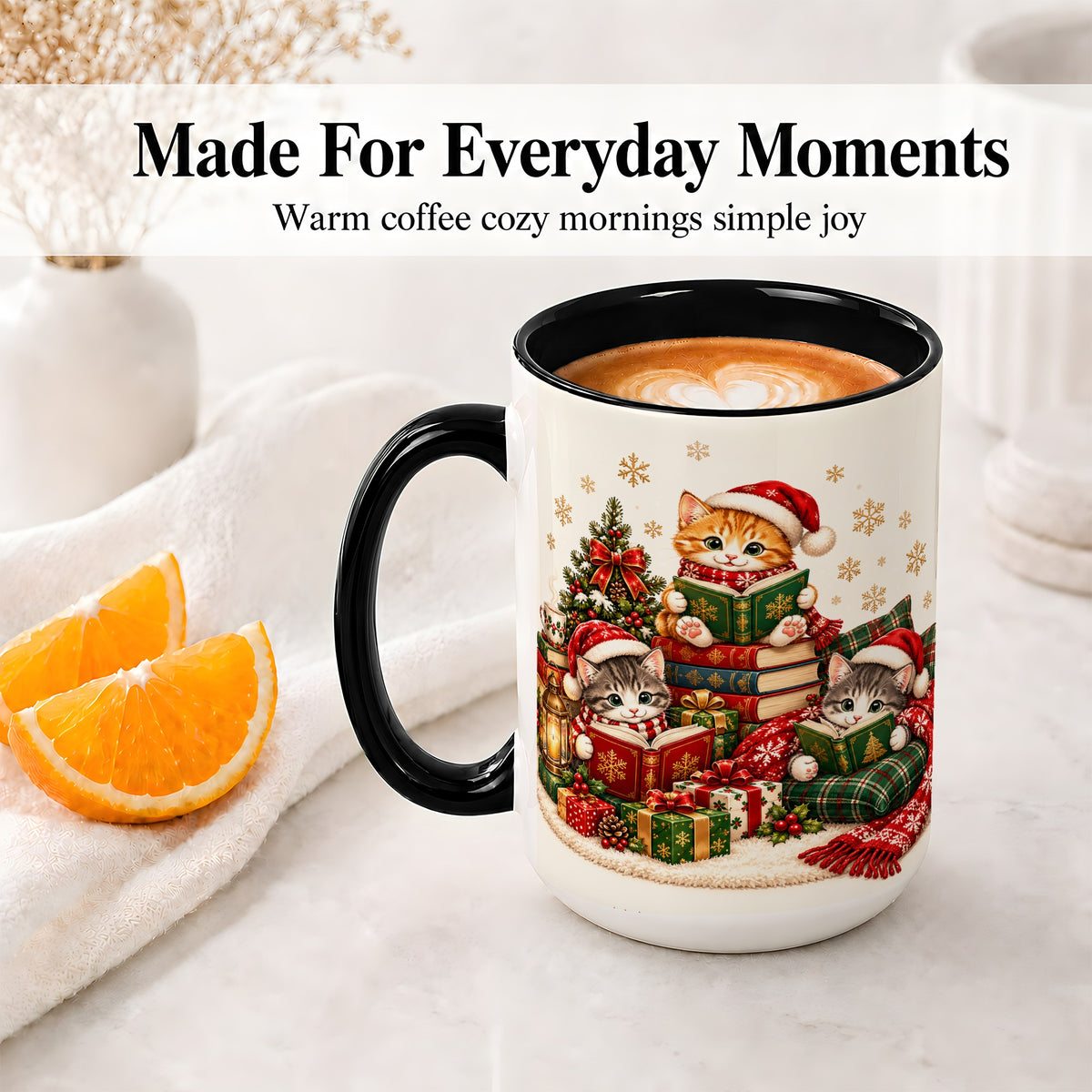 #pl[15oz|Black] Christmas Cat Reading Ceramic Mug for Cat Lovers
