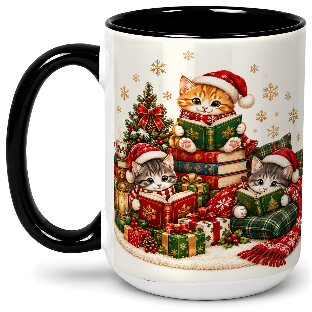 #pl[15oz|Black] Christmas Cat Reading Ceramic Mug for Cat Lovers