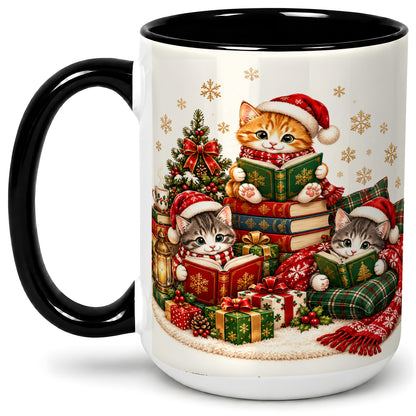 #pl[15oz|Black] Christmas Cat Reading Ceramic Mug for Cat Lovers