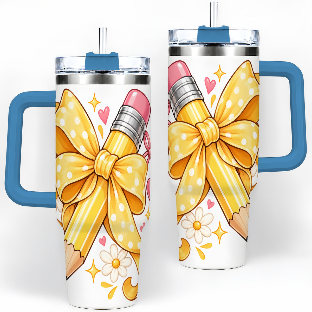 #pl[40oz|Blue] Cute Pencil Bow 40oz Handled Tumbler with School Theme Daisy Artwork