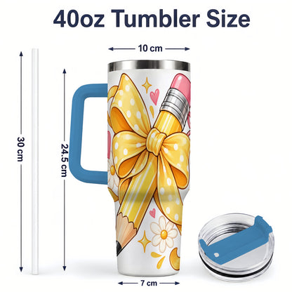 #pl[40oz|Blue] Cute Pencil Bow 40oz Handled Tumbler with School Theme Daisy Artwork