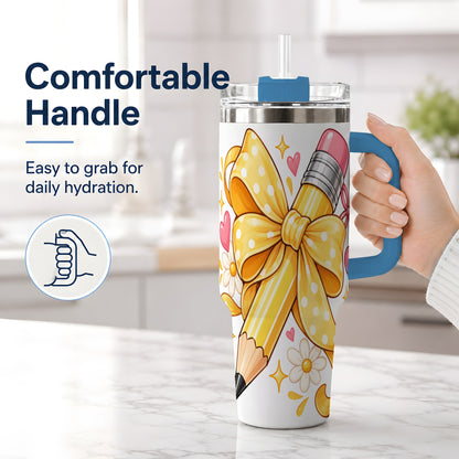 #pl[40oz|Blue] Cute Pencil Bow 40oz Handled Tumbler with School Theme Daisy Artwork