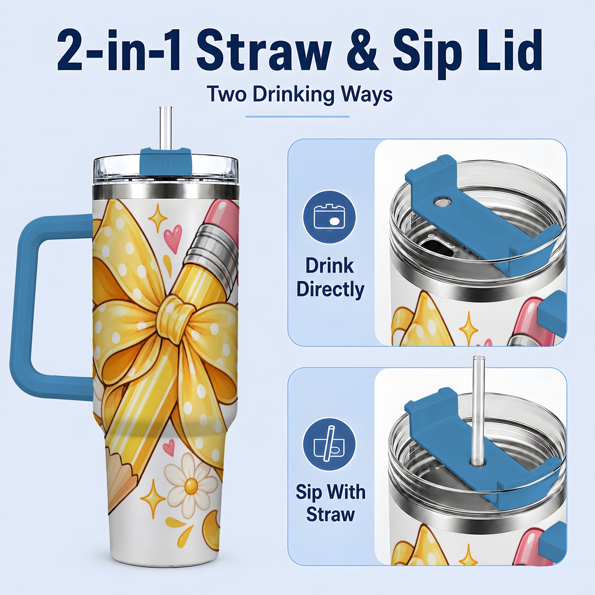 #pl[40oz|Blue] Cute Pencil Bow 40oz Handled Tumbler with School Theme Daisy Artwork
