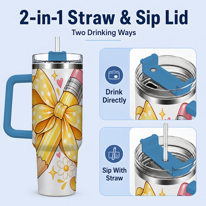 #pl[40oz|Blue] Cute Pencil Bow 40oz Handled Tumbler with School Theme Daisy Artwork