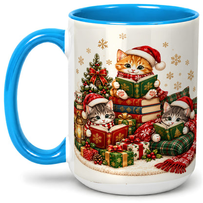 #pl[15oz|Blue] Christmas Cat Reading Ceramic Mug for Cat Lovers