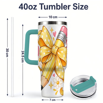 #pl[40oz|Green] Cute Pencil Bow 40oz Handled Tumbler with School Theme Daisy Artwork