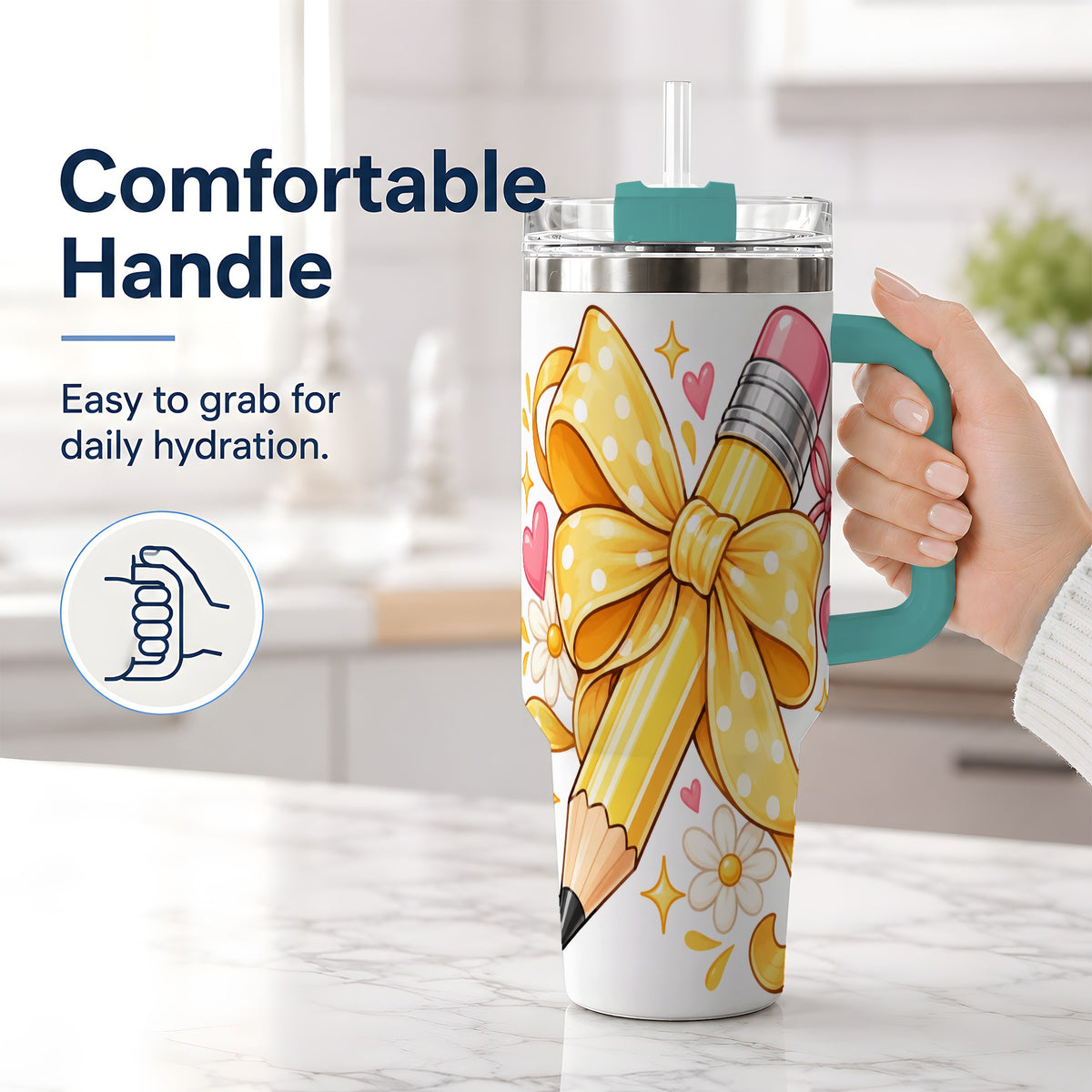 #pl[40oz|Green] Cute Pencil Bow 40oz Handled Tumbler with School Theme Daisy Artwork