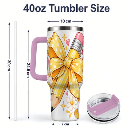 #pl[40oz|Pink] Cute Pencil Bow 40oz Handled Tumbler with School Theme Daisy Artwork