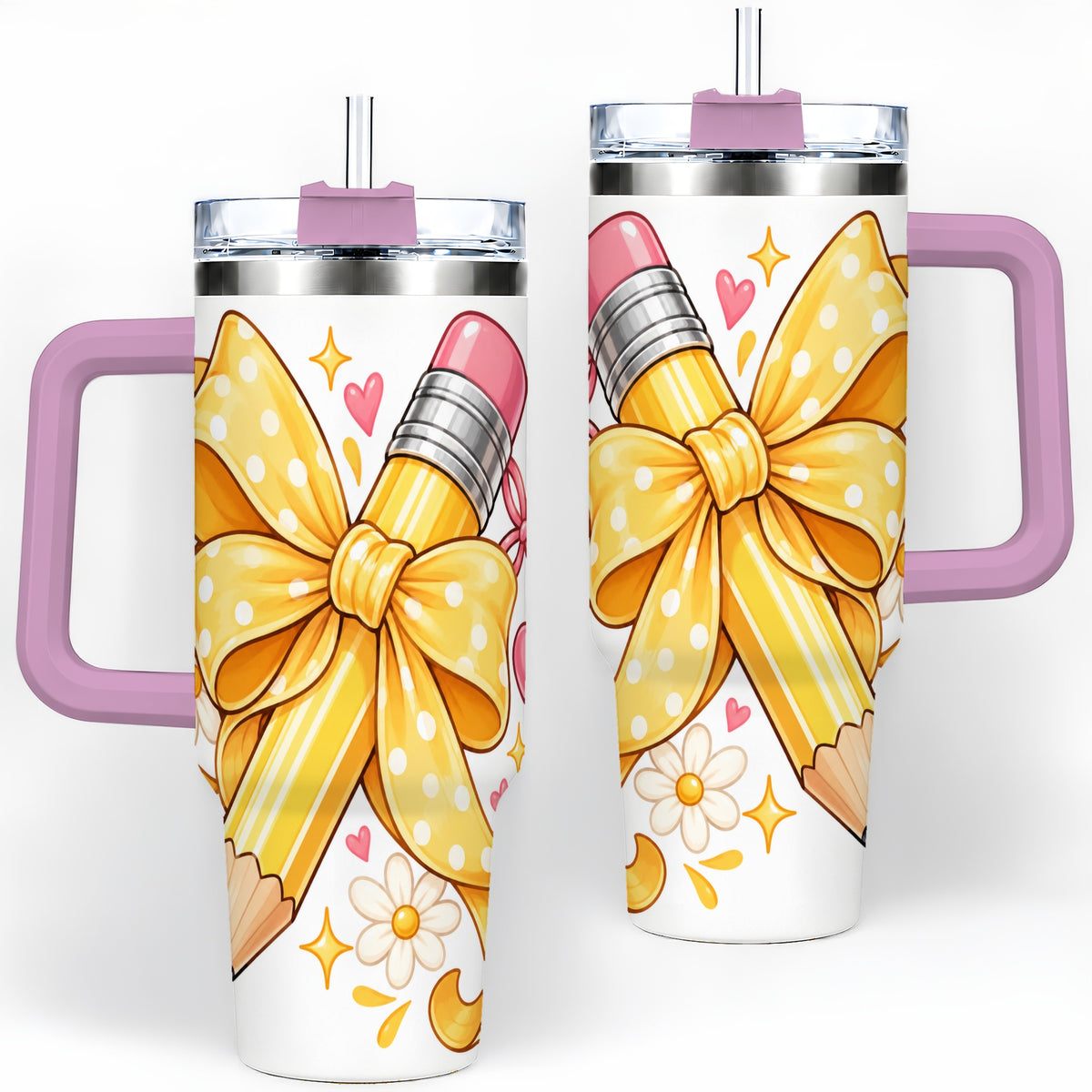 #pl[40oz|Pink] Cute Pencil Bow 40oz Handled Tumbler with School Theme Daisy Artwork