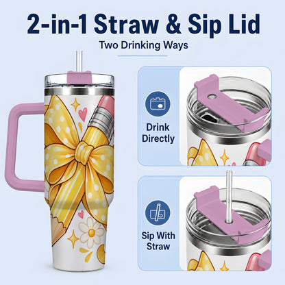#pl[40oz|Pink] Cute Pencil Bow 40oz Handled Tumbler with School Theme Daisy Artwork