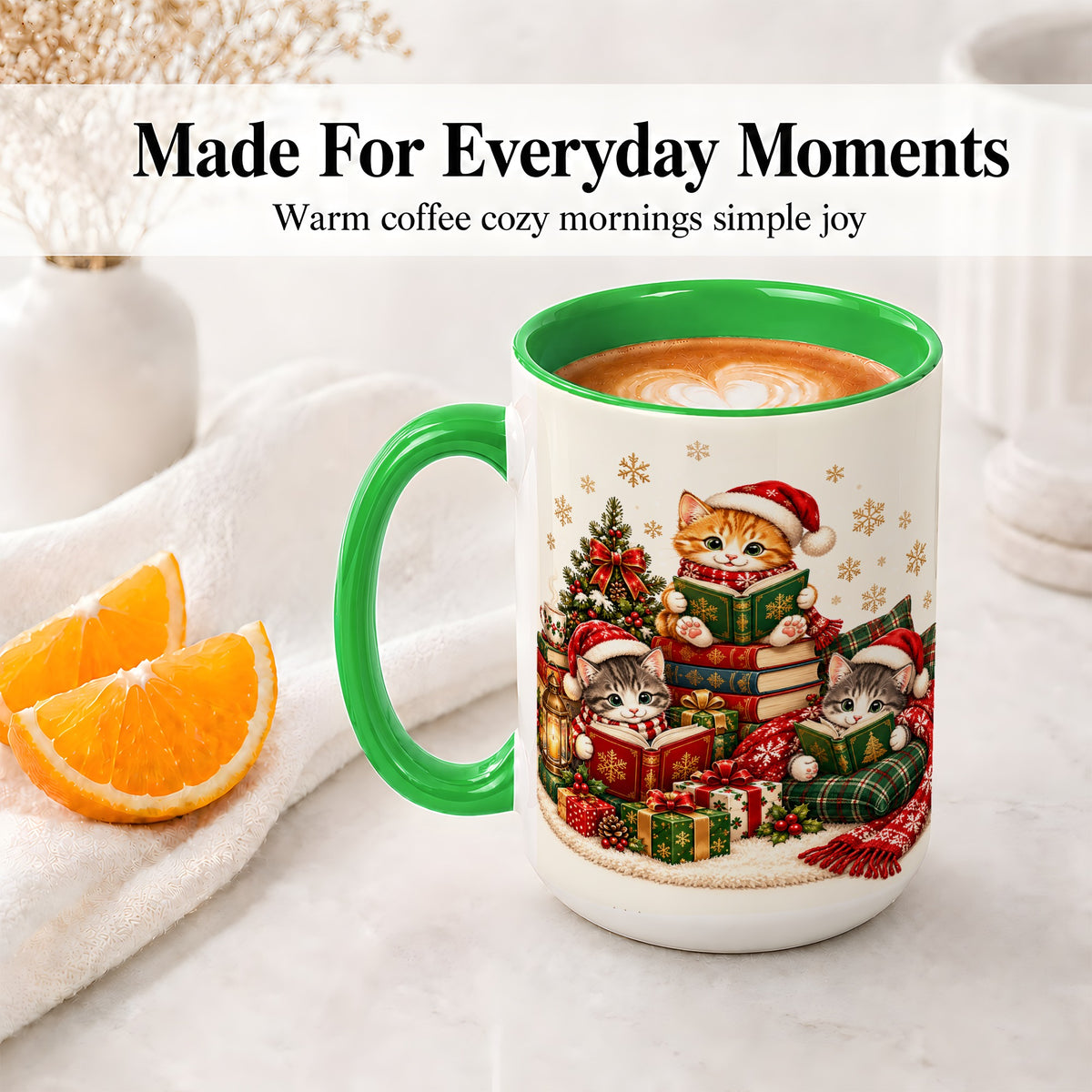 #pl[15oz|Green] Christmas Cat Reading Ceramic Mug for Cat Lovers