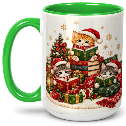 #pl[15oz|Green] Christmas Cat Reading Ceramic Mug for Cat Lovers