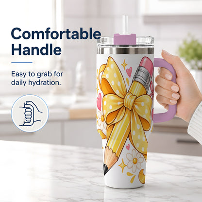 #pl[40oz|Pink] Cute Pencil Bow 40oz Handled Tumbler with School Theme Daisy Artwork