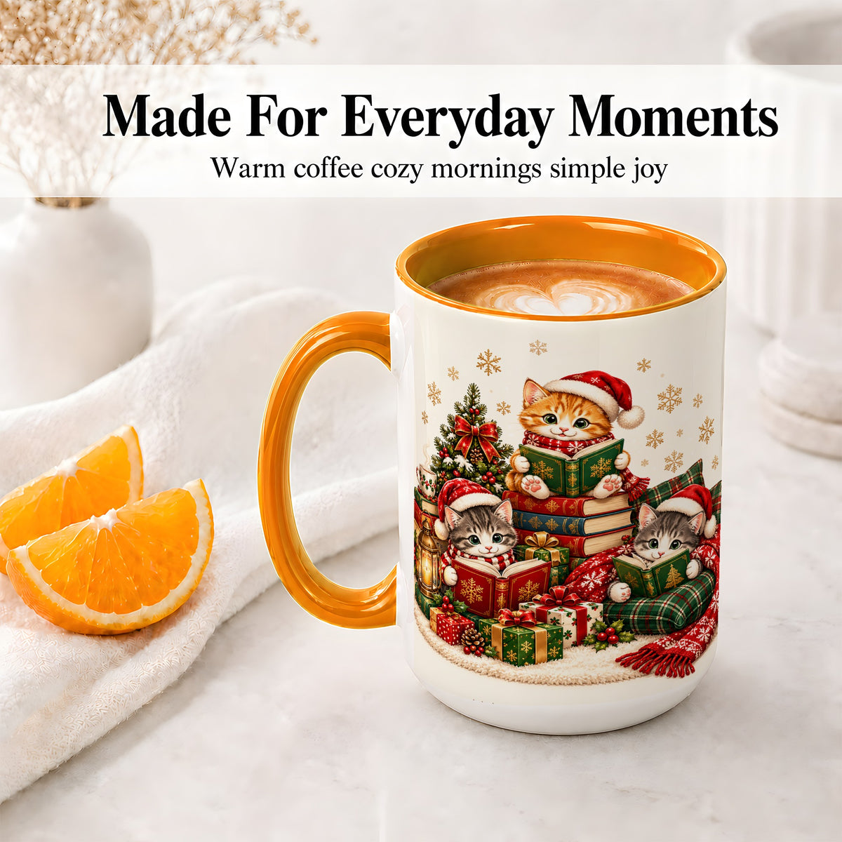 #pl[15oz|Orange] Christmas Cat Reading Ceramic Mug for Cat Lovers