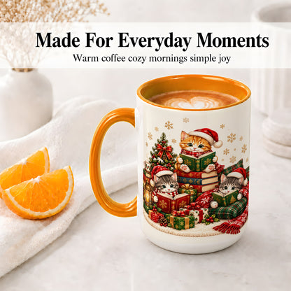 #pl[15oz|Orange] Christmas Cat Reading Ceramic Mug for Cat Lovers