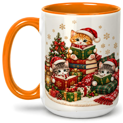 #pl[15oz|Orange] Christmas Cat Reading Ceramic Mug for Cat Lovers