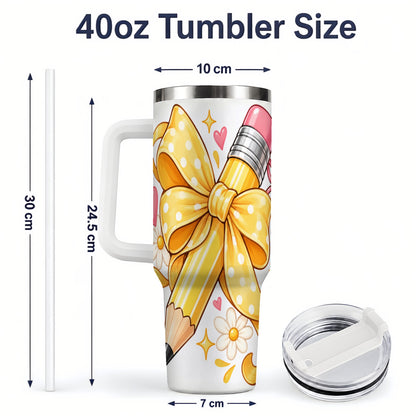 #pl[40oz|White] Cute Pencil Bow 40oz Handled Tumbler with School Theme Daisy Artwork