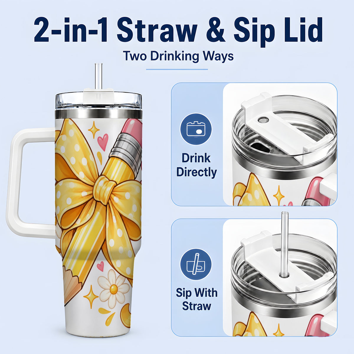 #pl[40oz|White] Cute Pencil Bow 40oz Handled Tumbler with School Theme Daisy Artwork