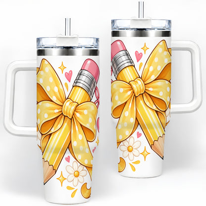 Cute Pencil Bow 40oz Handled Tumbler with School Theme Daisy Artwork