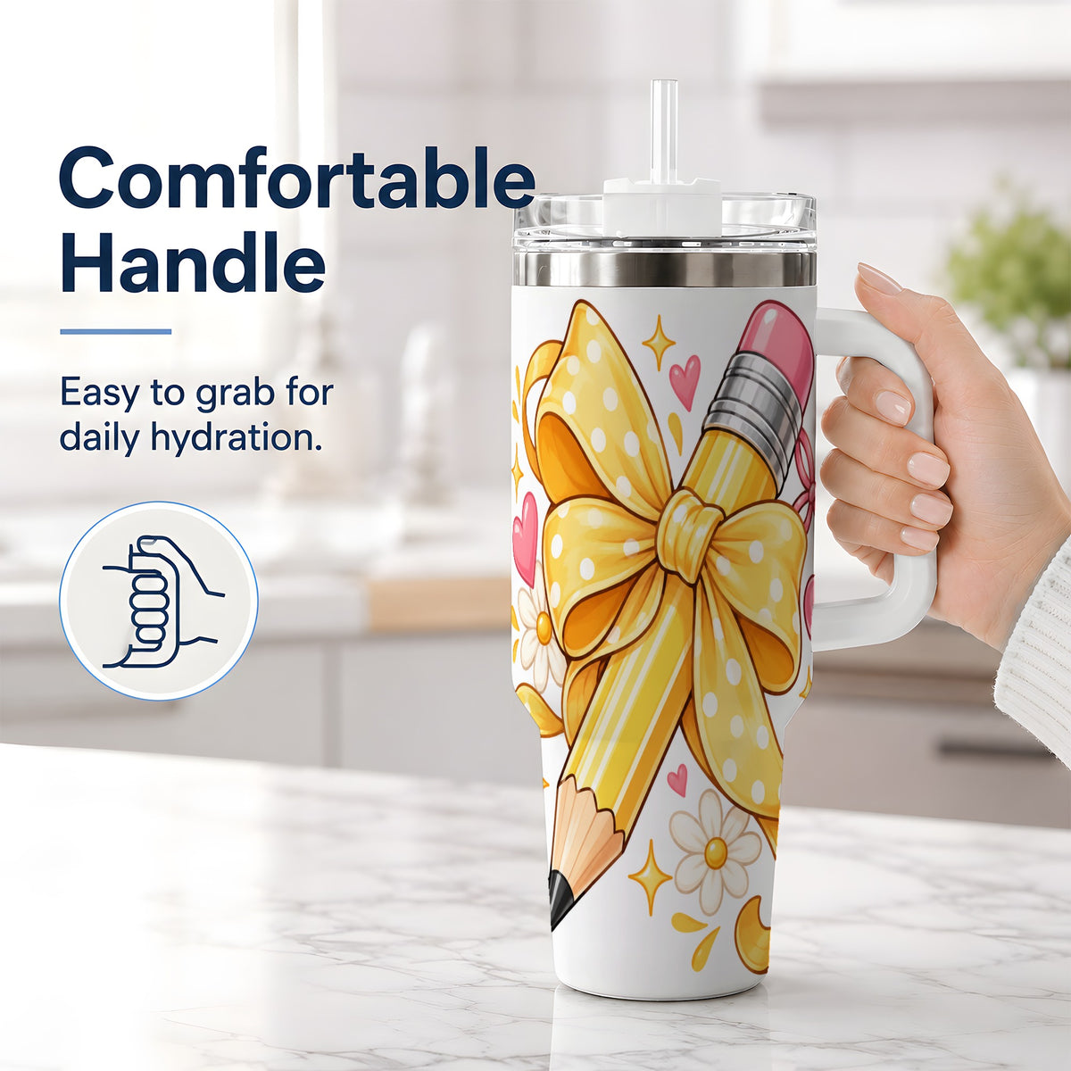 #pl[40oz|White] Cute Pencil Bow 40oz Handled Tumbler with School Theme Daisy Artwork