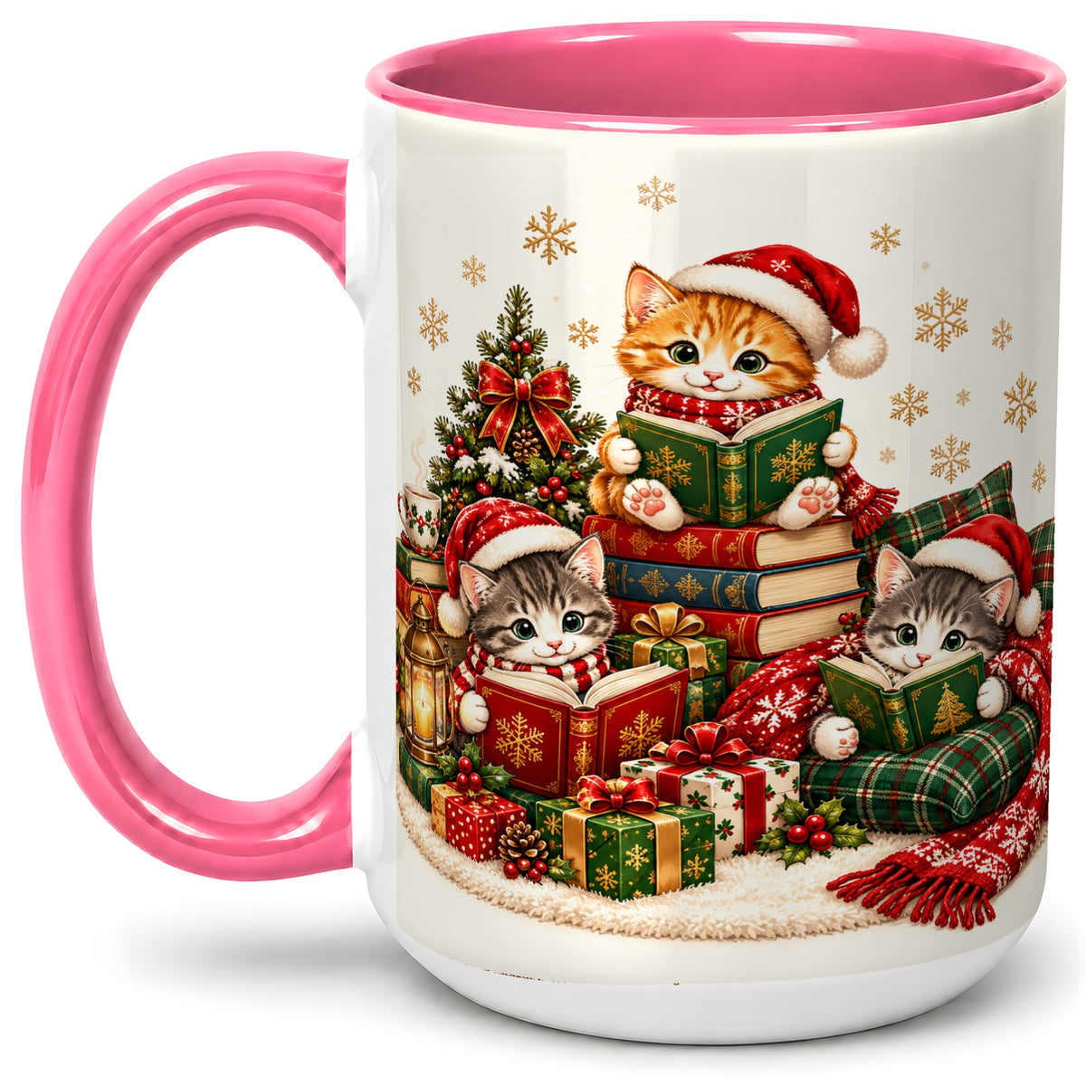 #pl[15oz|Pink] Christmas Cat Reading Ceramic Mug for Cat Lovers