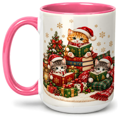 #pl[15oz|Pink] Christmas Cat Reading Ceramic Mug for Cat Lovers