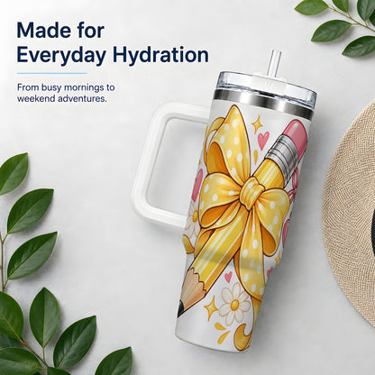 Cute Pencil Bow 40oz Handled Tumbler with School Theme Daisy Artwork