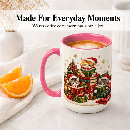 #pl[15oz|Pink] Christmas Cat Reading Ceramic Mug for Cat Lovers