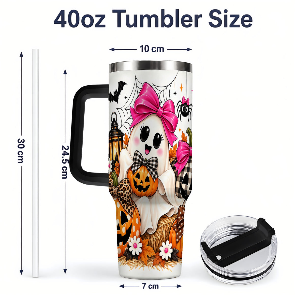 #pl[40oz|Black] Cute Halloween Ghost 40oz Handled Tumbler with Pumpkin and Bow Artwork