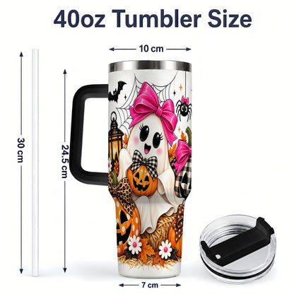 #pl[40oz|Black] Cute Halloween Ghost 40oz Handled Tumbler with Pumpkin and Bow Artwork