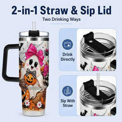 #pl[40oz|Black] Cute Halloween Ghost 40oz Handled Tumbler with Pumpkin and Bow Artwork