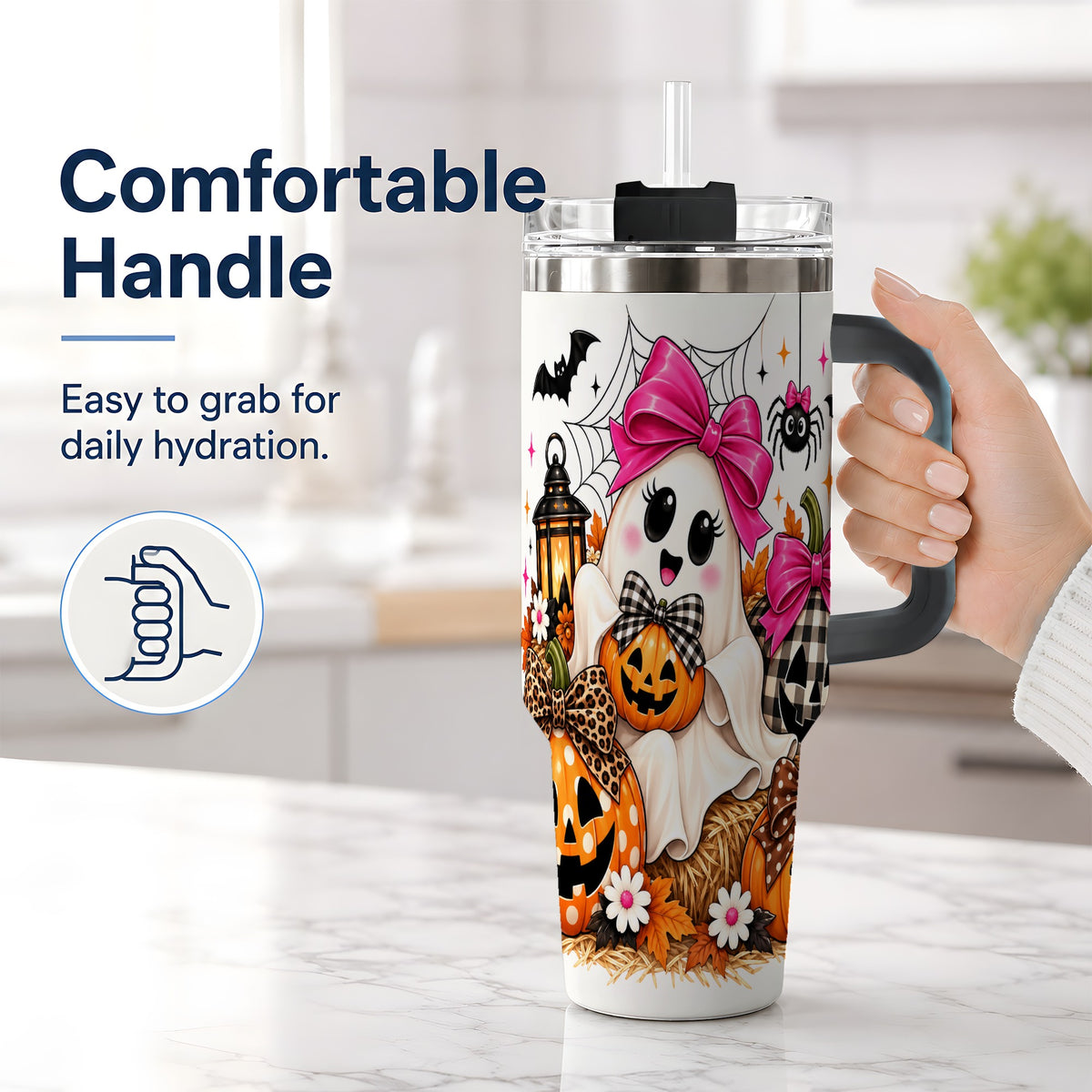 #pl[40oz|Black] Cute Halloween Ghost 40oz Handled Tumbler with Pumpkin and Bow Artwork