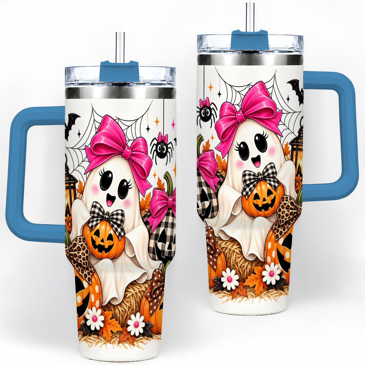 #pl[40oz|Blue] Cute Halloween Ghost 40oz Handled Tumbler with Pumpkin and Bow Artwork