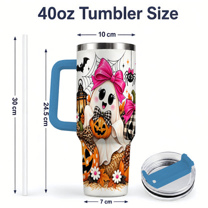 #pl[40oz|Blue] Cute Halloween Ghost 40oz Handled Tumbler with Pumpkin and Bow Artwork