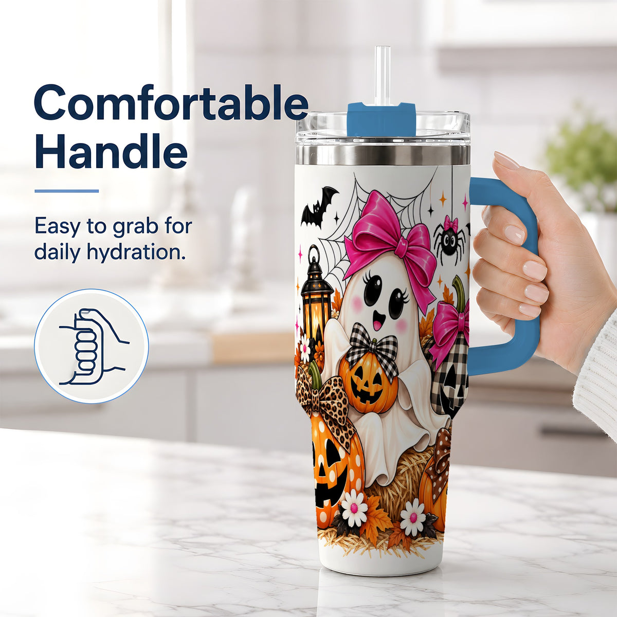 #pl[40oz|Blue] Cute Halloween Ghost 40oz Handled Tumbler with Pumpkin and Bow Artwork