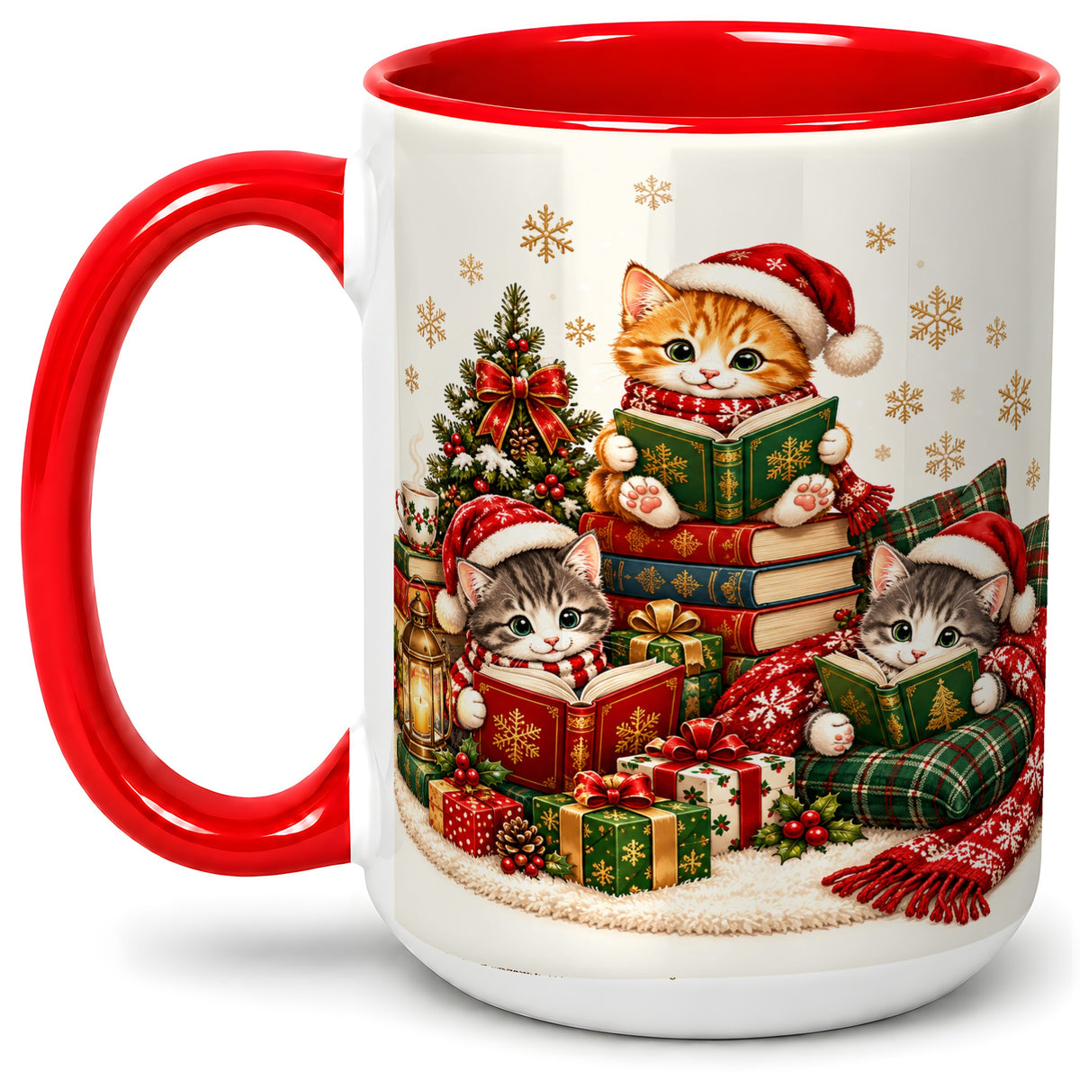 #pl[15oz|Red] Christmas Cat Reading Ceramic Mug for Cat Lovers