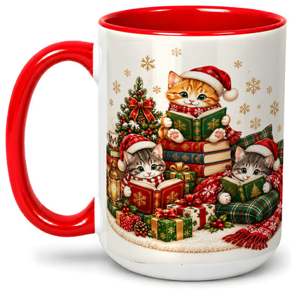 #pl[15oz|Red] Christmas Cat Reading Ceramic Mug for Cat Lovers
