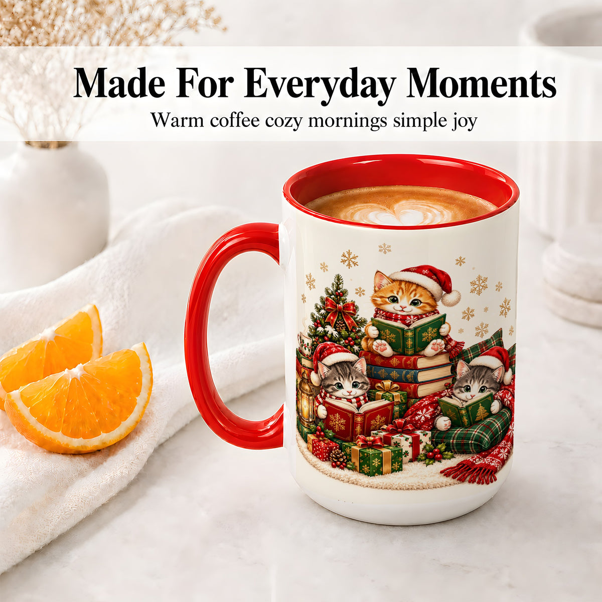 #pl[15oz|Red] Christmas Cat Reading Ceramic Mug for Cat Lovers