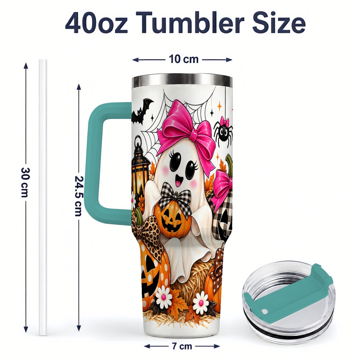 #pl[40oz|Green] Cute Halloween Ghost 40oz Handled Tumbler with Pumpkin and Bow Artwork