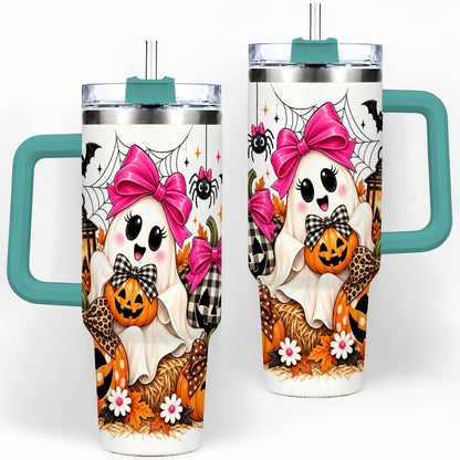 #pl[40oz|Green] Cute Halloween Ghost 40oz Handled Tumbler with Pumpkin and Bow Artwork