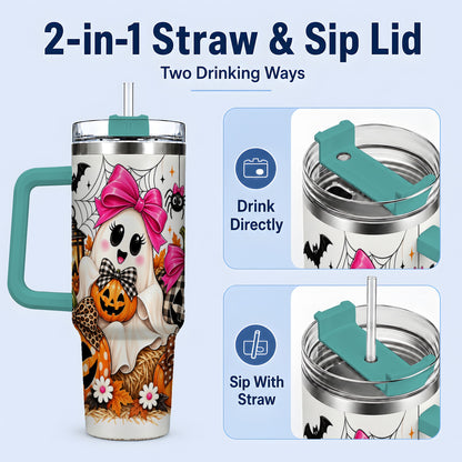 #pl[40oz|Green] Cute Halloween Ghost 40oz Handled Tumbler with Pumpkin and Bow Artwork