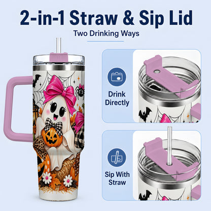 #pl[40oz|Pink] Cute Halloween Ghost 40oz Handled Tumbler with Pumpkin and Bow Artwork