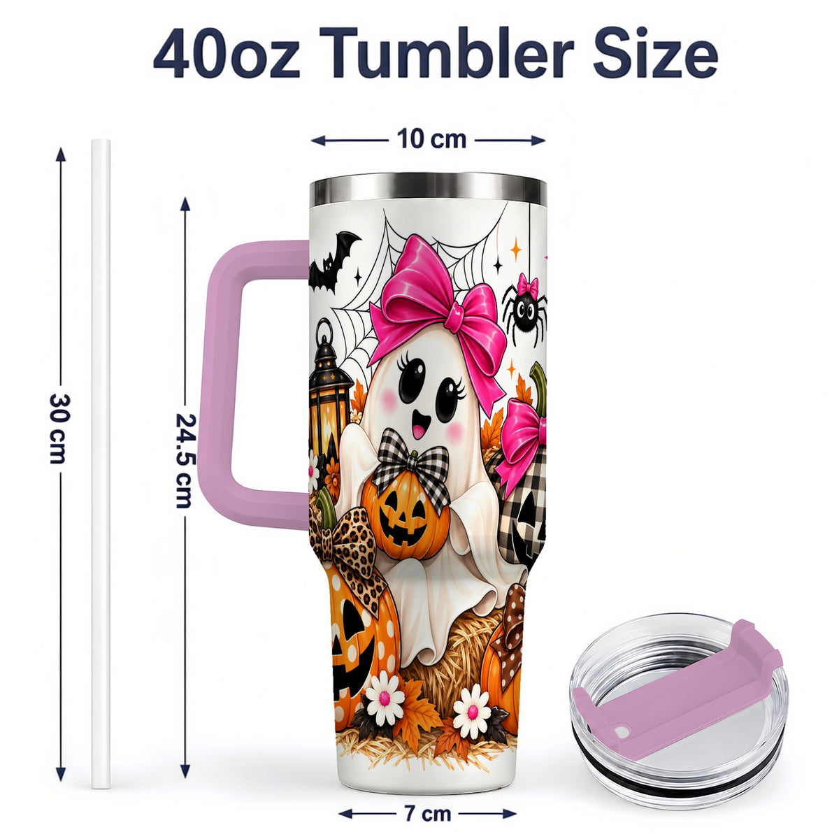 #pl[40oz|Pink] Cute Halloween Ghost 40oz Handled Tumbler with Pumpkin and Bow Artwork