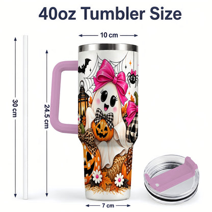 #pl[40oz|Pink] Cute Halloween Ghost 40oz Handled Tumbler with Pumpkin and Bow Artwork