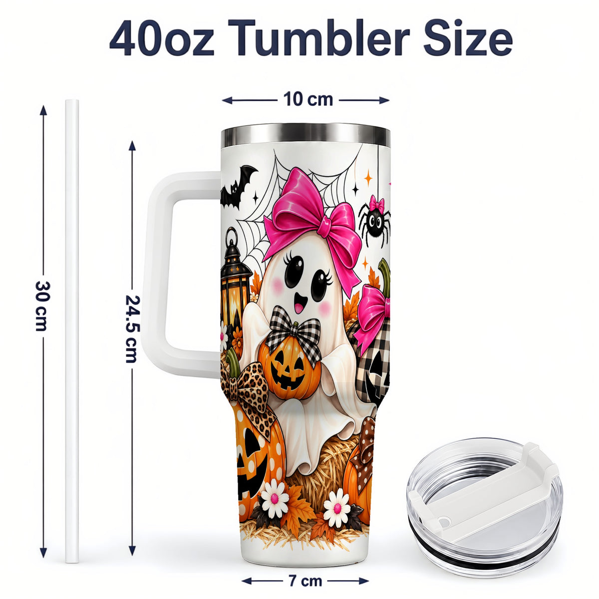#pl[40oz|White] Cute Halloween Ghost 40oz Handled Tumbler with Pumpkin and Bow Artwork